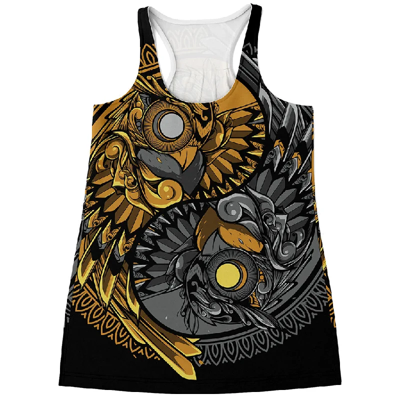 Yin Yang Owl Print Women's Racerback Tank Top